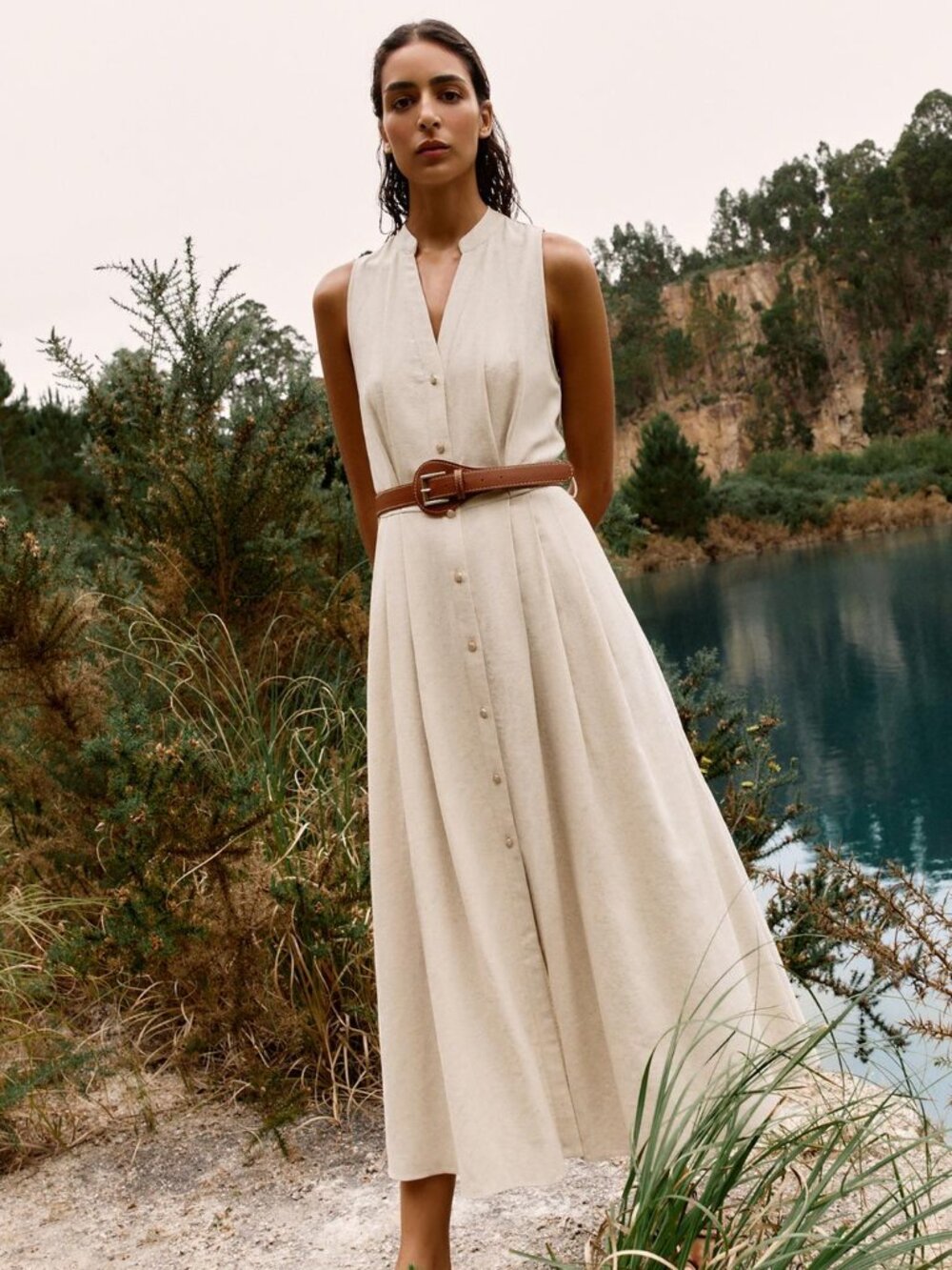 ZARA Belted Linen Blend Midi Dress XL Beige Sleeveless NWT Summer Vacation Chic